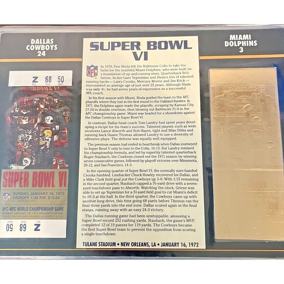 SUPER BOWL VI Cowboys v Dolphins Willabee & Ward Super Bowl 6 TICKET STUB Gold - Picture 6 of 9
